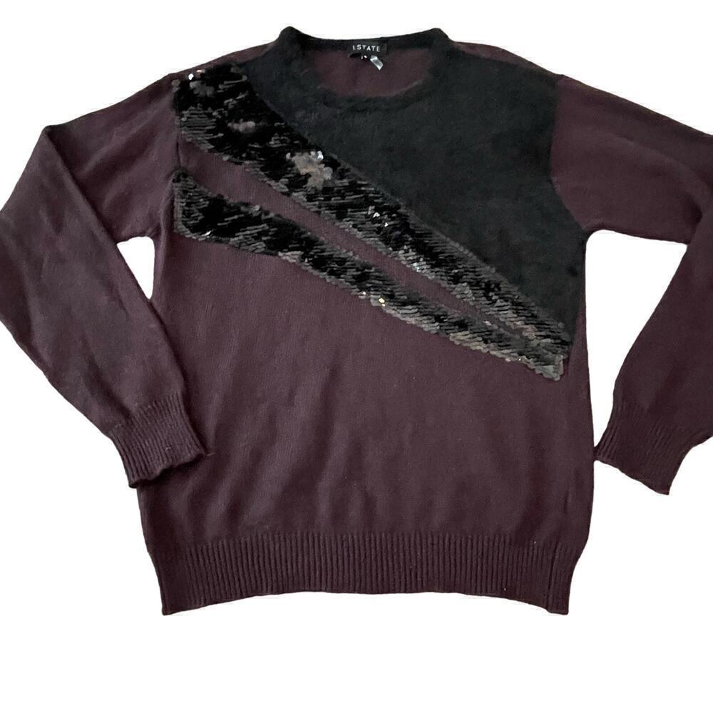 1. State Womens Size Small Sweater Sequin Faux Fur Trim Wine Purple Black